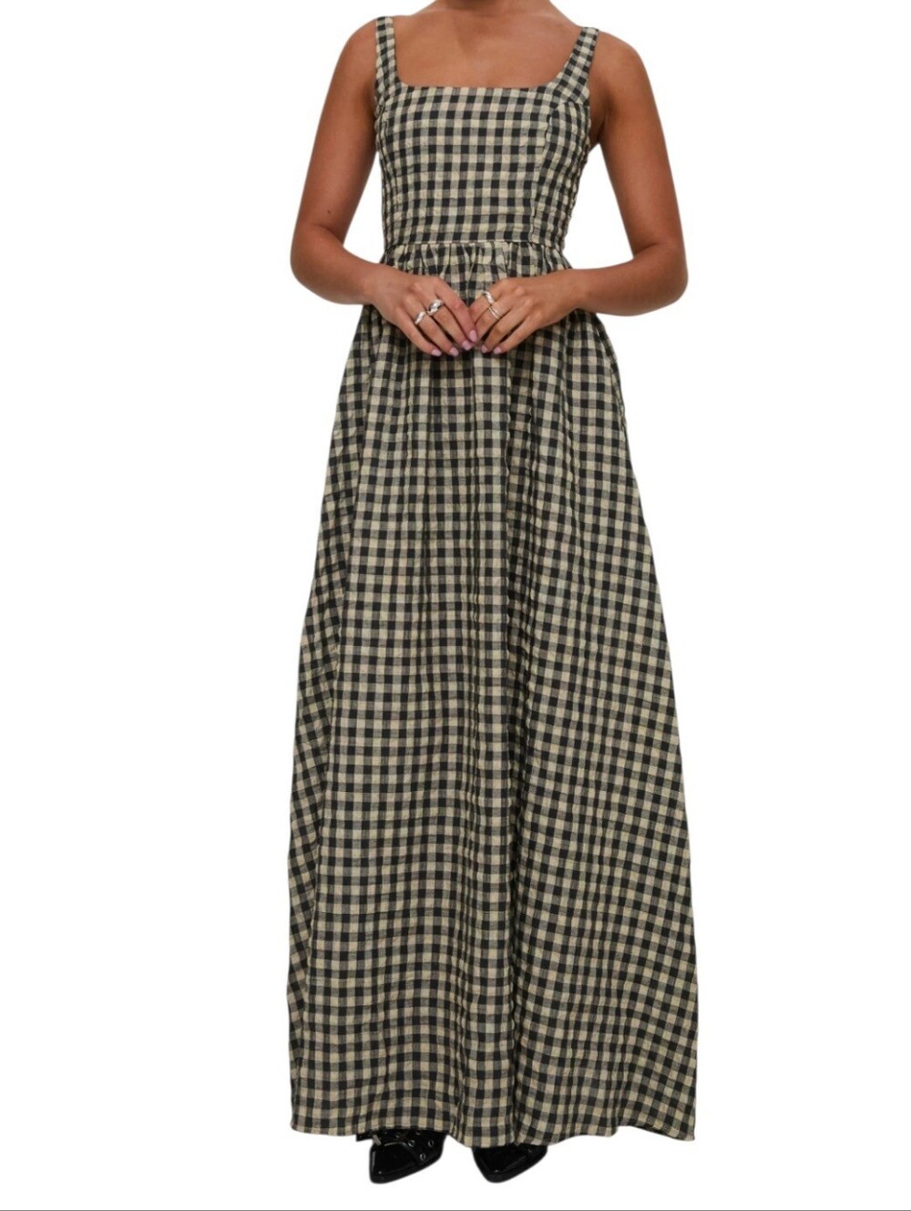 Princess Polly Cartmel Maxi Dress Size 12 Black Tan Gingham Square Neck Smocked